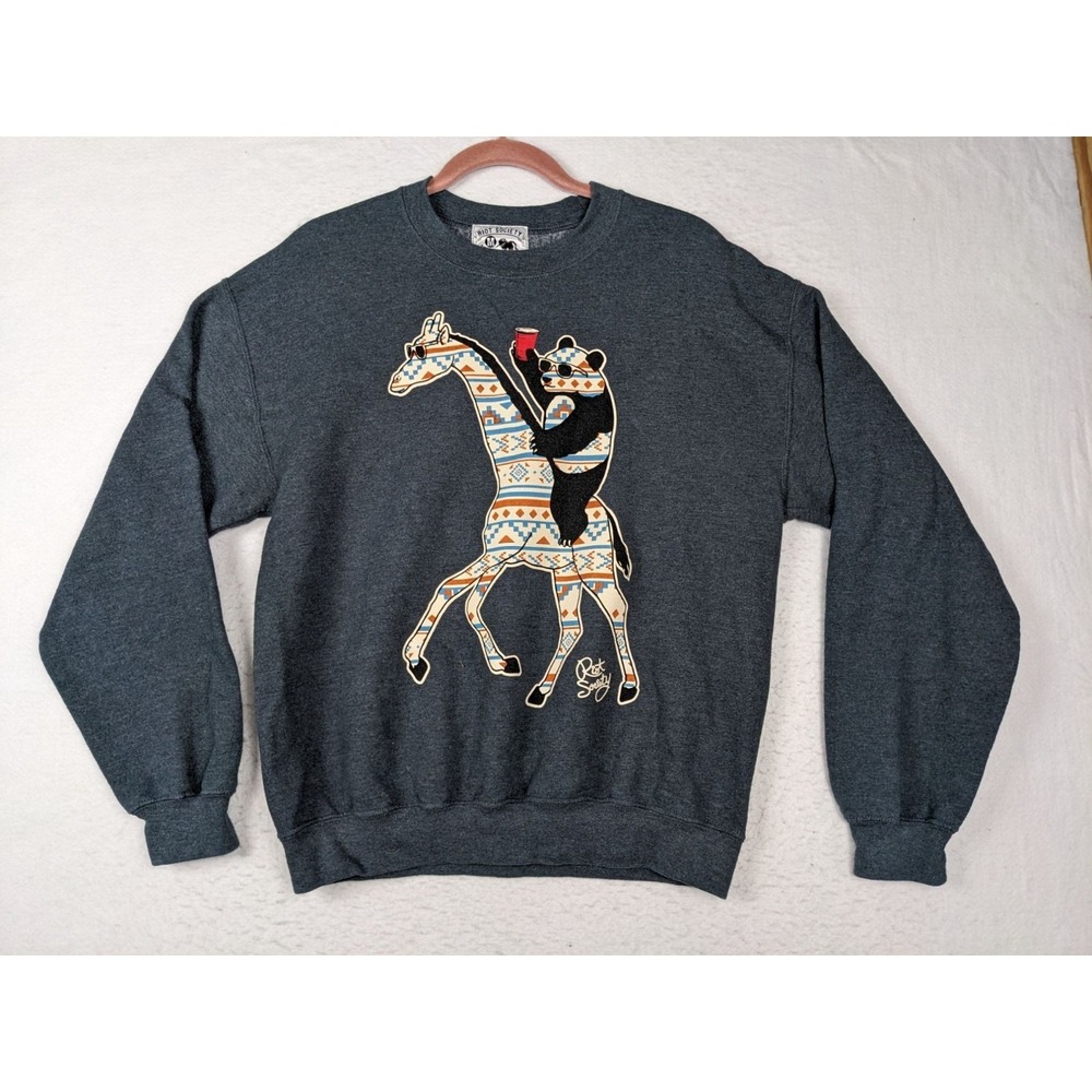 Riot Society Sweatshirt Size M Charcoal Gray Bear On Giraffe Print Mens